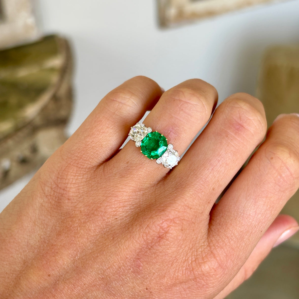 Antique, Belle Époque emerald & diamond three-stone ring