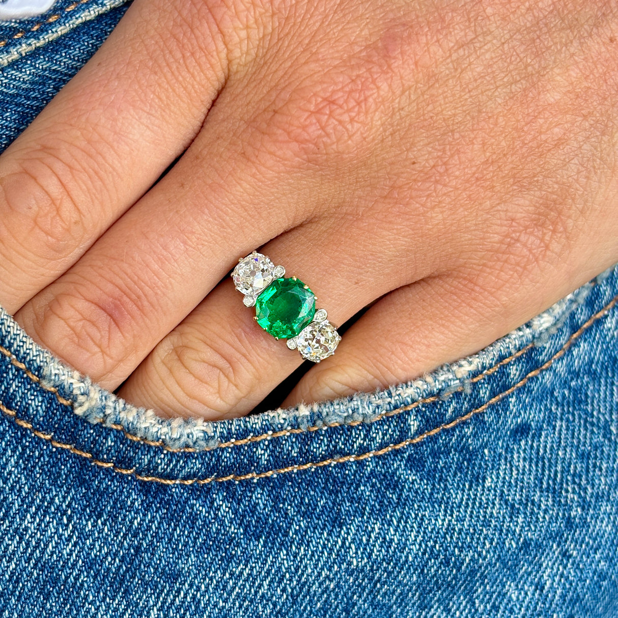 Antique, Belle Époque emerald & diamond three-stone ring