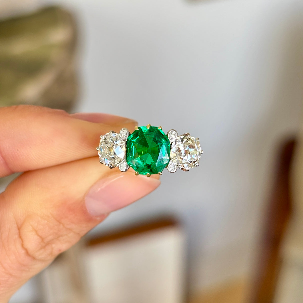 Antique, Belle Époque emerald & diamond three-stone ring
