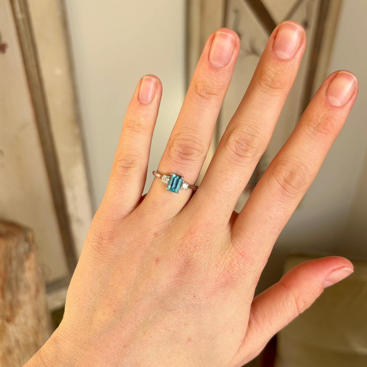 Vintage, aquamarine & diamond three-stone ring