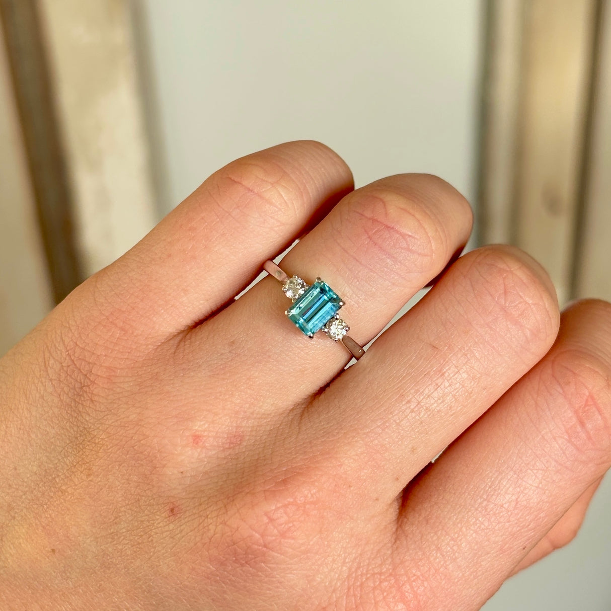 Vintage, aquamarine & diamond three-stone ring