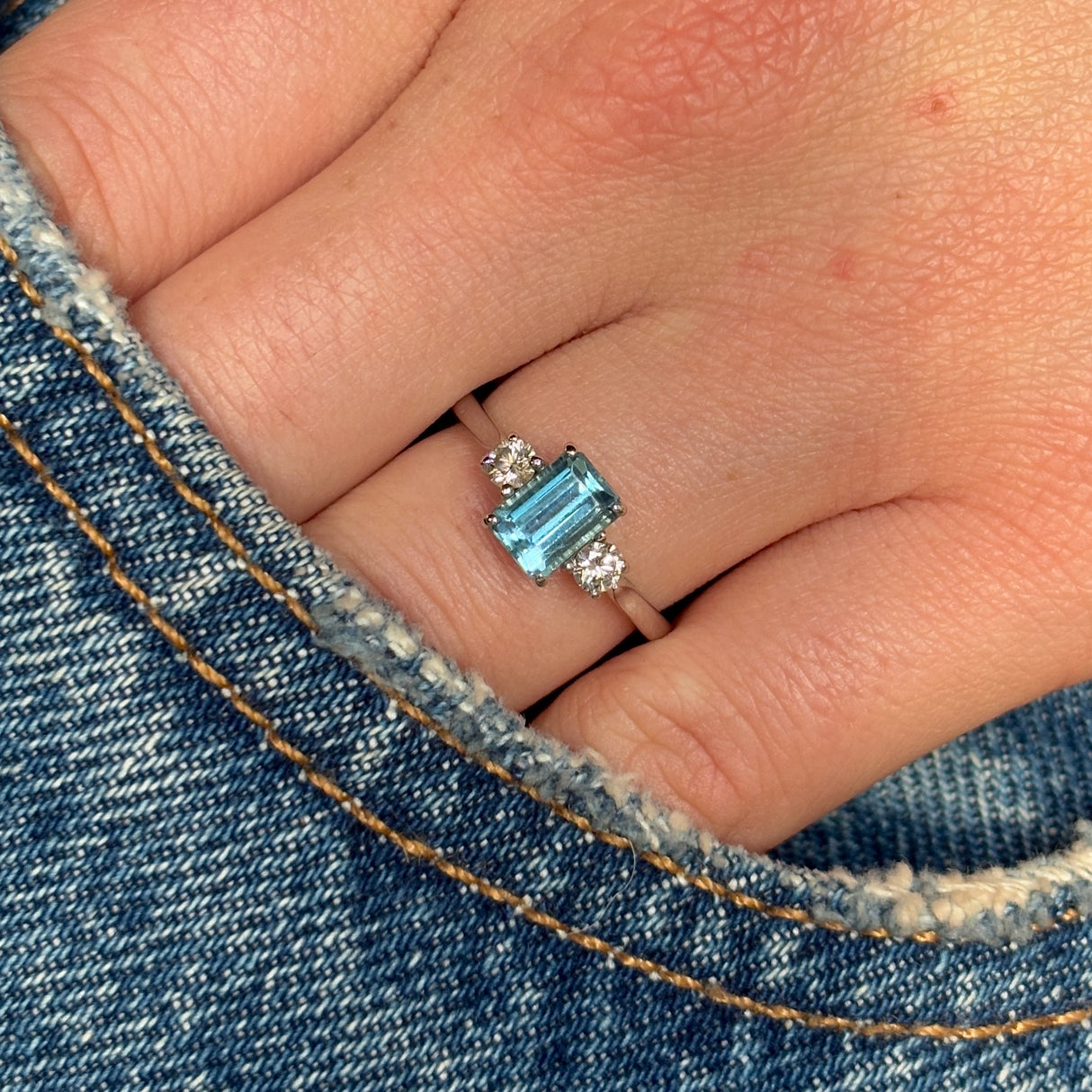 Vintage, aquamarine & diamond three-stone ring