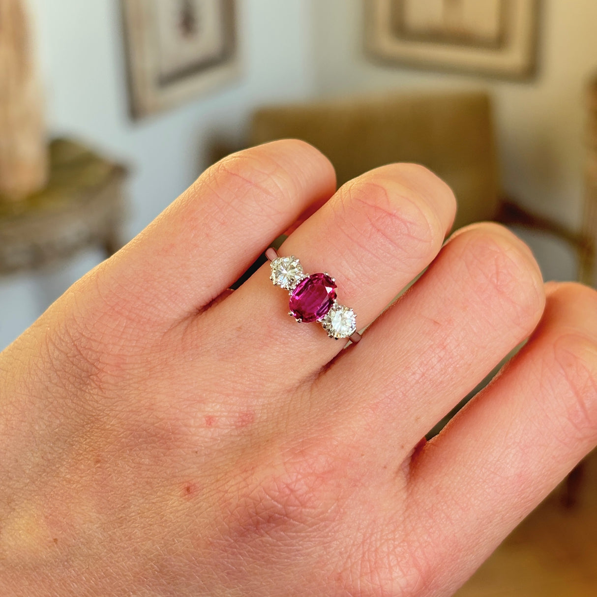 Antique, Edwardian pink sapphire & diamond three-stone ring