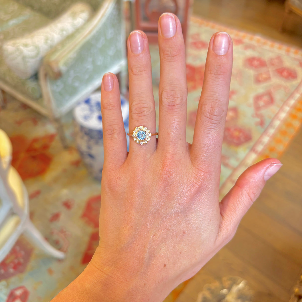 Vintage sky-blue topaz & diamond cluster ring