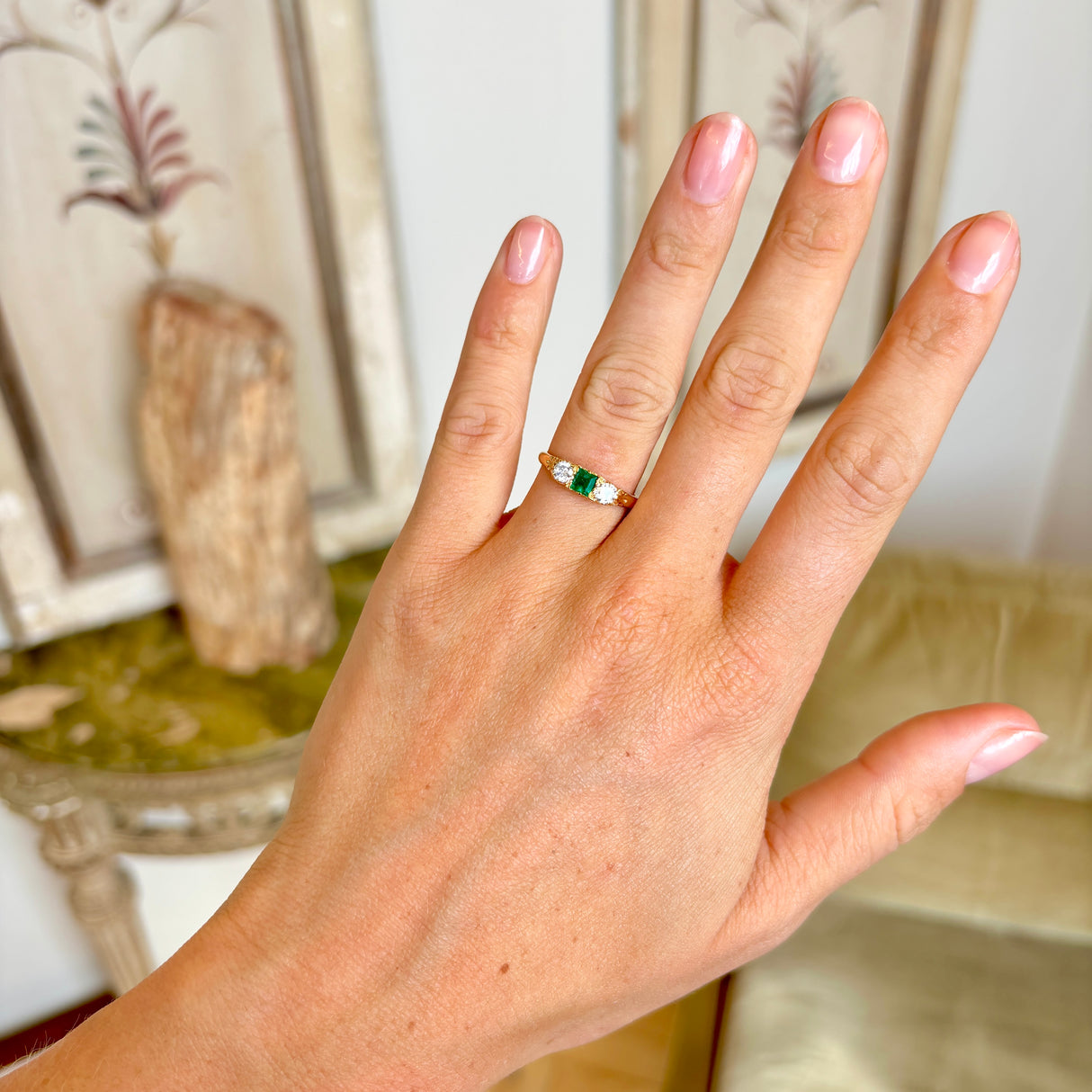 Vintage, emerald & diamond three-stone ring
