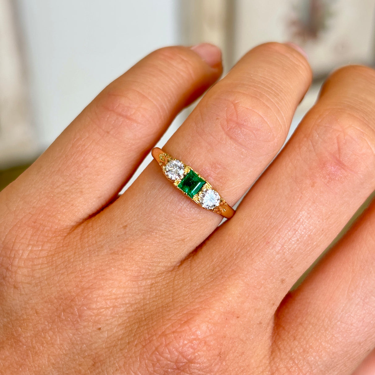 Vintage, emerald & diamond three-stone ring