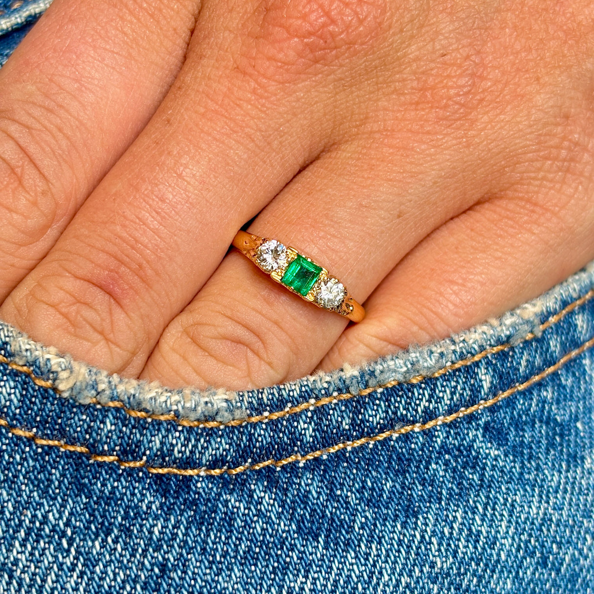 Vintage, emerald & diamond three-stone ring