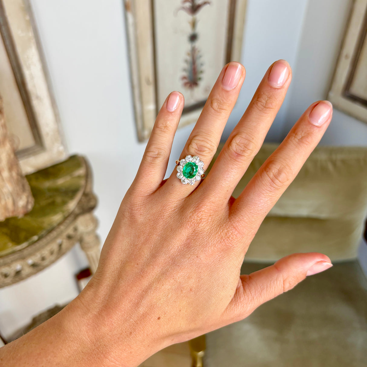 Antique, Edwardian emerald & diamond cluster ring
