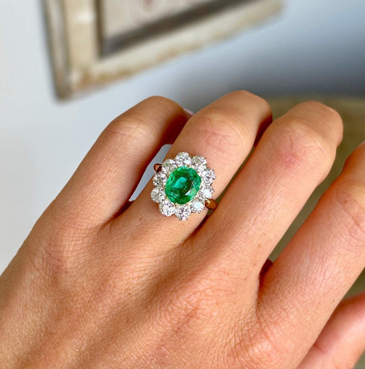 Antique, Edwardian emerald & diamond cluster ring