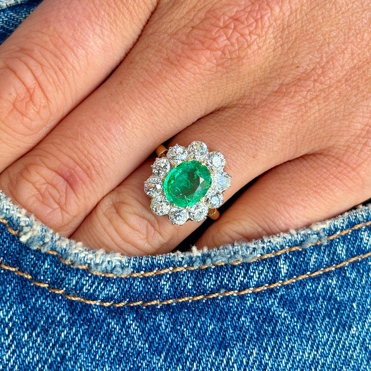 Antique, Edwardian emerald & diamond cluster ring