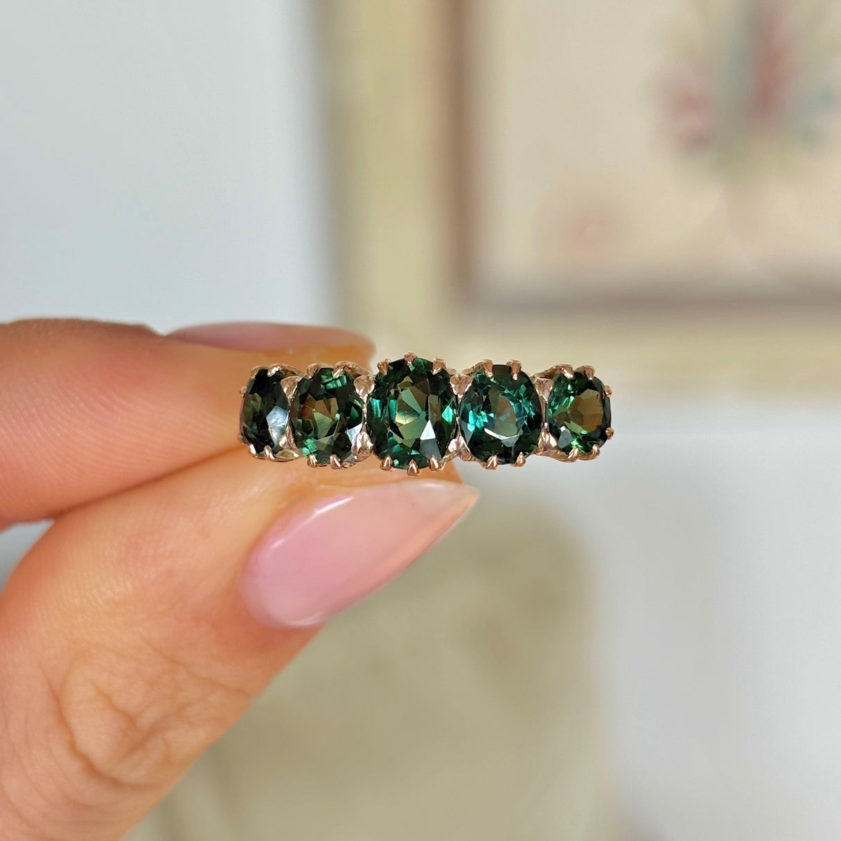 Antique, Victorian green sapphire five-stone ring