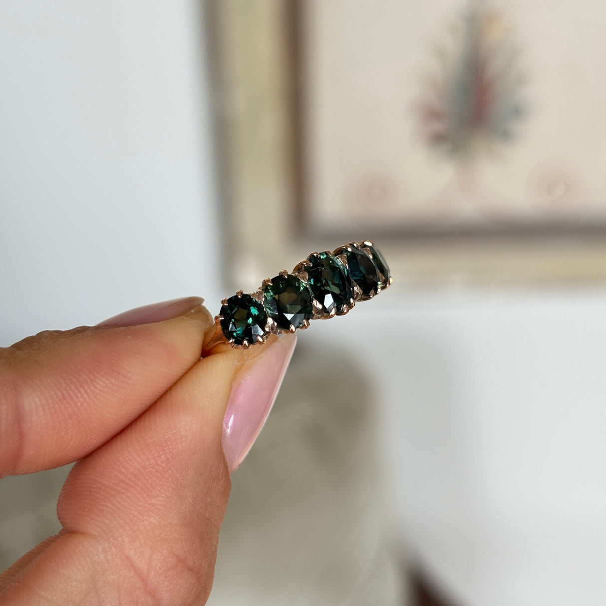 Antique, Victorian green sapphire five-stone ring