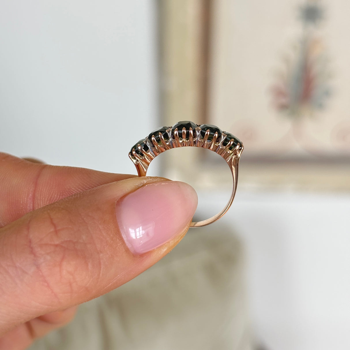 Antique, Victorian green sapphire five-stone ring