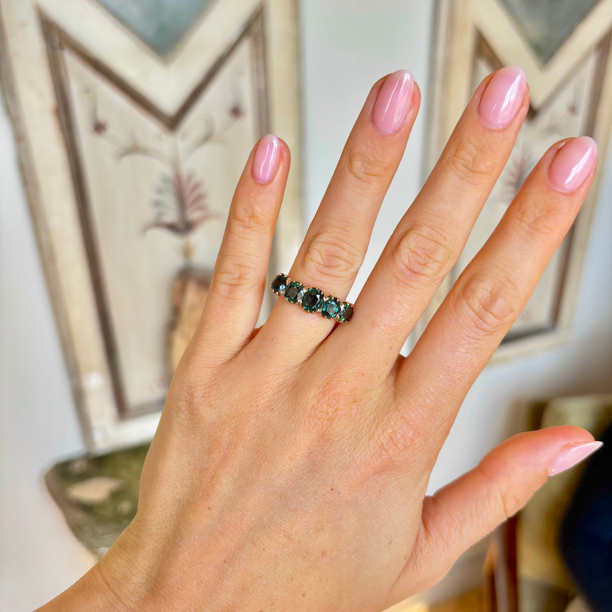 Antique, Victorian green sapphire five-stone ring