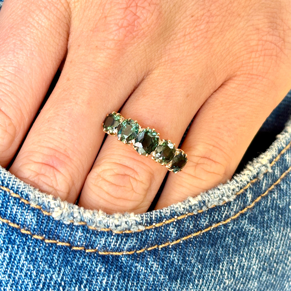 Antique, Victorian green sapphire five-stone ring