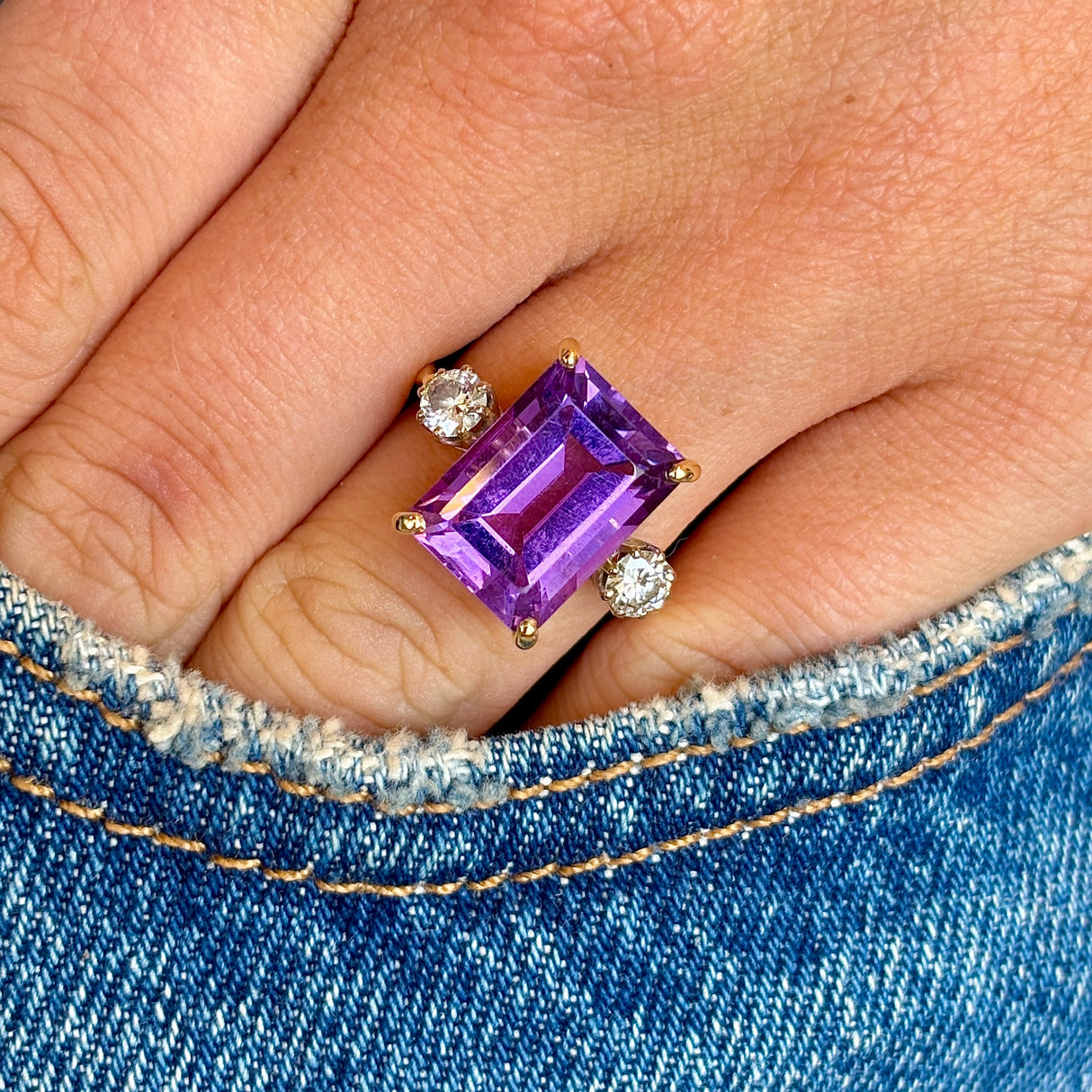 Vintage, 1950s amethyst & diamond three-stone ring