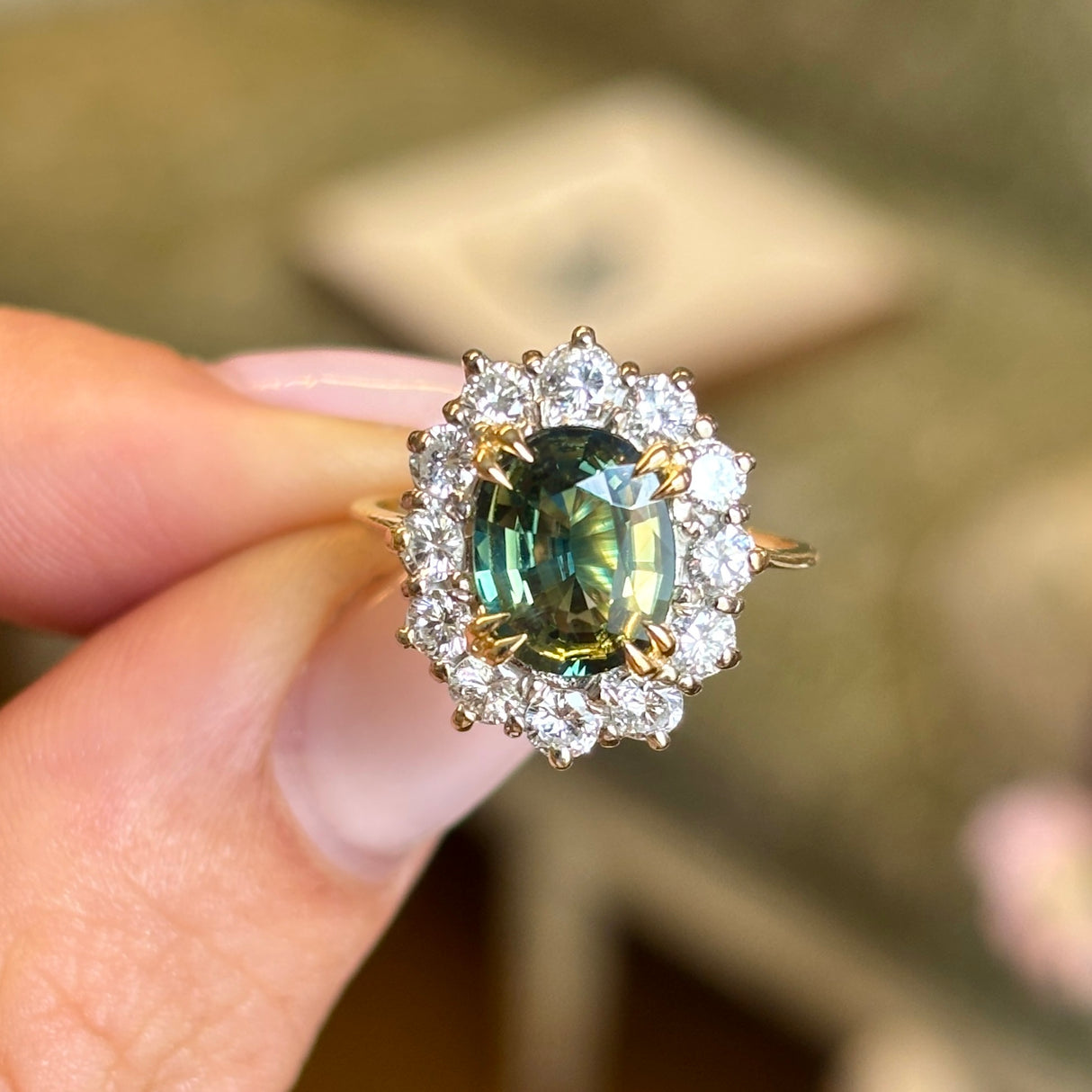 Vintage, 1970s green sapphire & diamond cluster ring