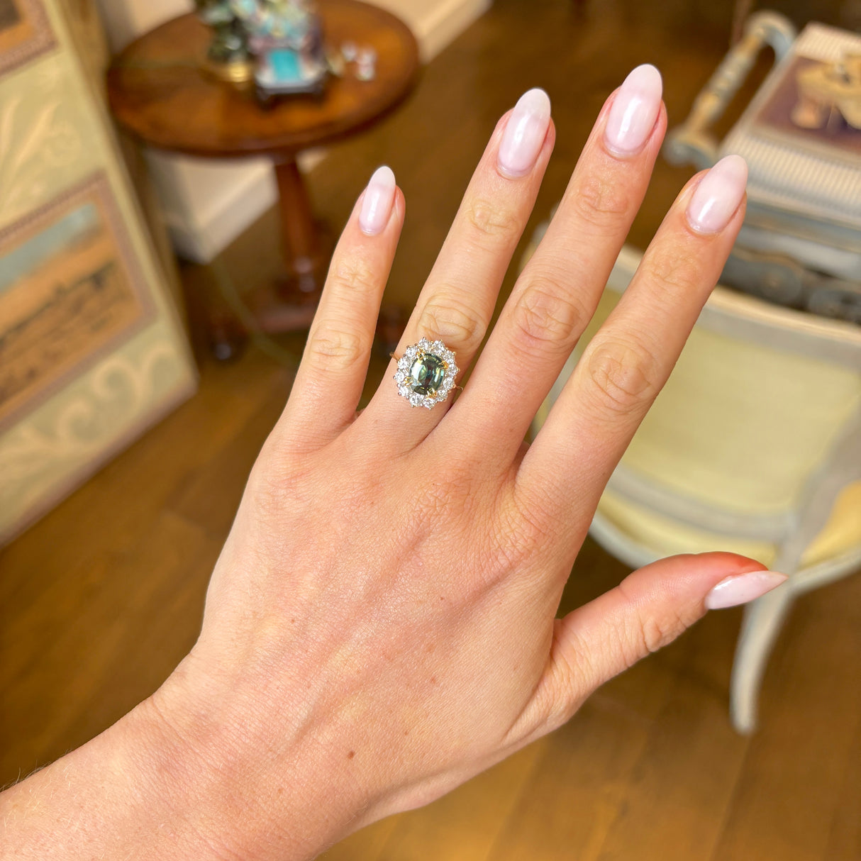 Vintage, 1970s green sapphire & diamond cluster ring