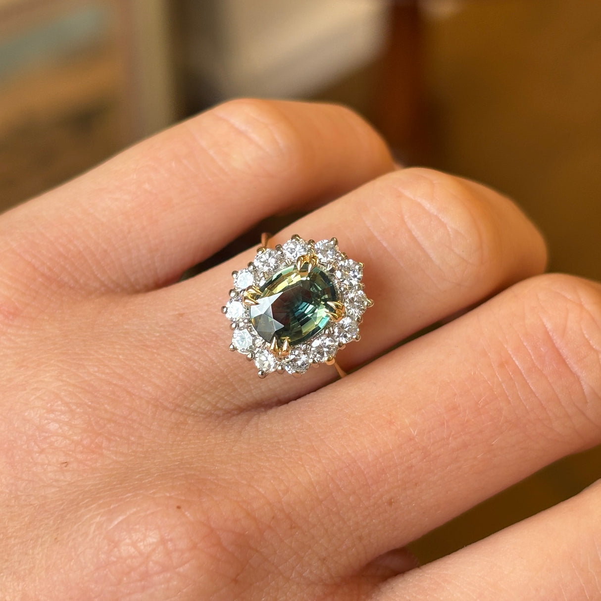 Vintage, 1970s green sapphire & diamond cluster ring