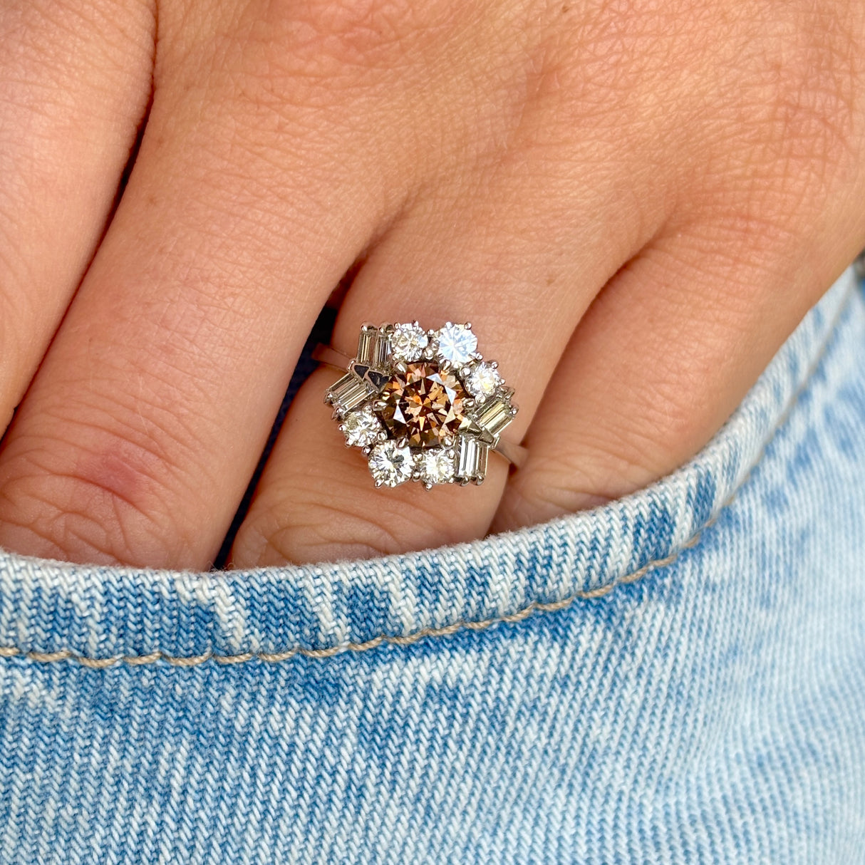 Vintage 1950s brown & white diamond cluster ring
