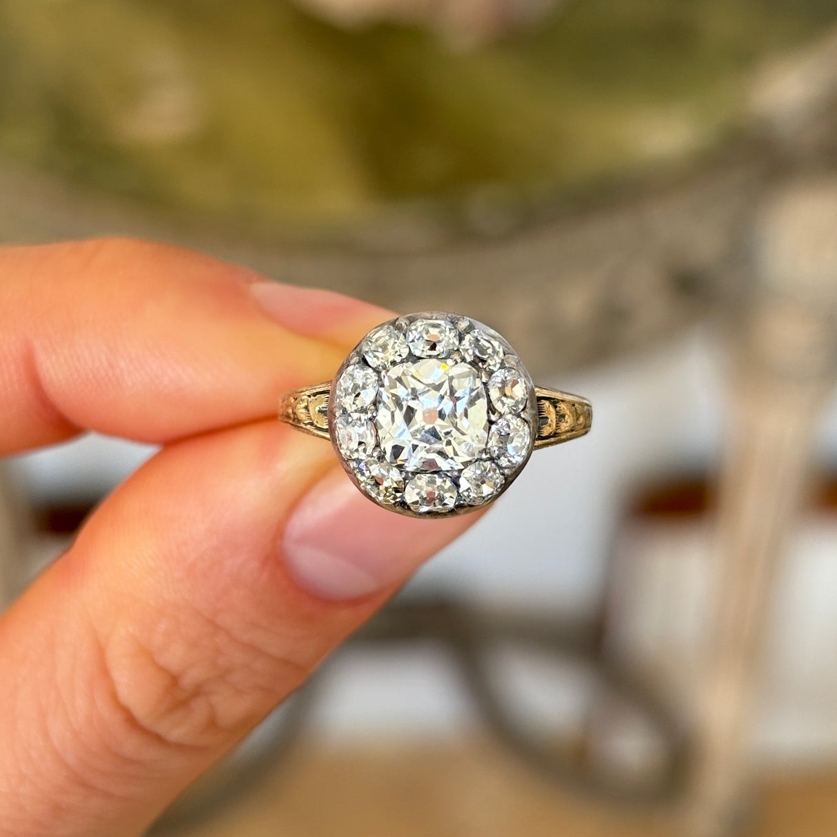 2490-Antique, Georgian old mine-cut diamond cluster ring-