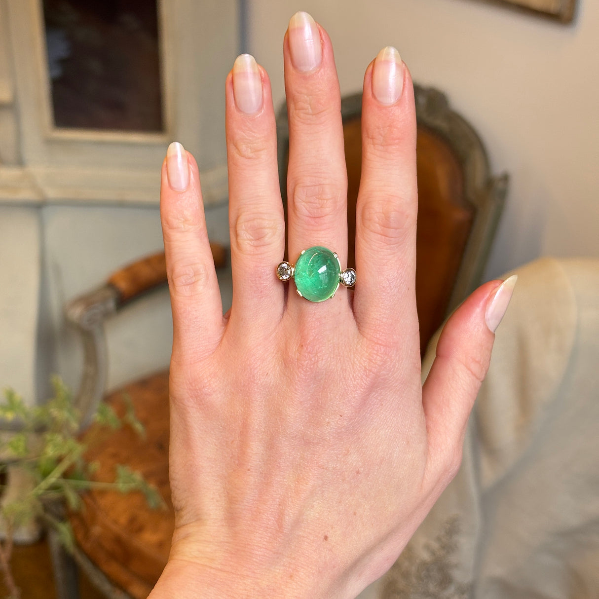 Vintage, 1980s 12ct cabochon emerald & diamond three-stone ring