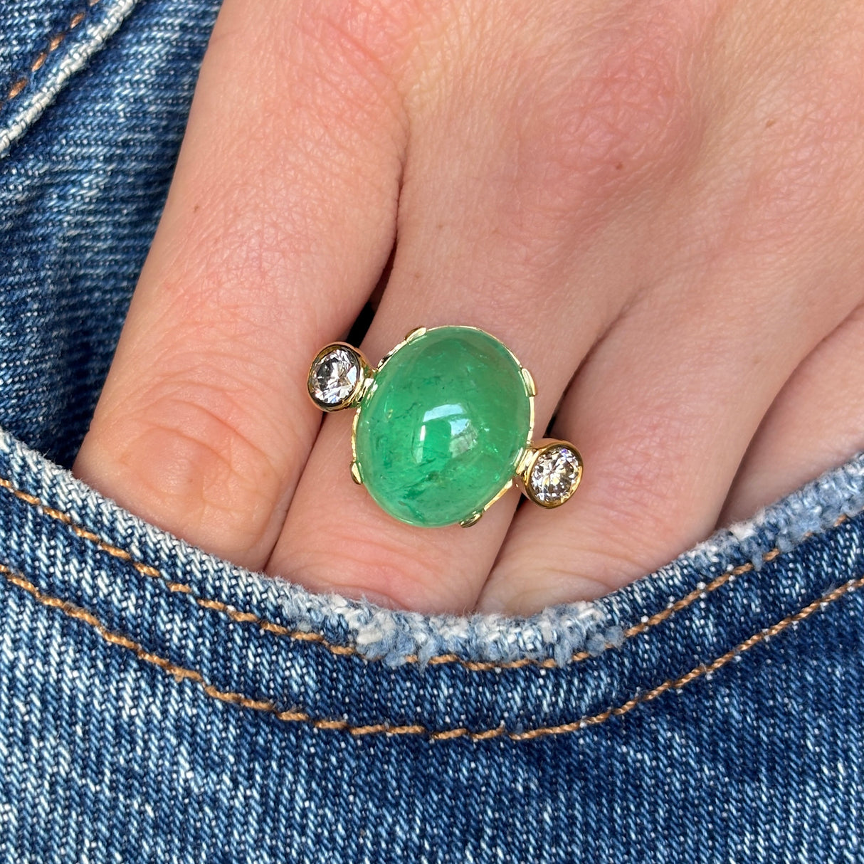 Vintage, 1980s 12ct cabochon emerald & diamond three-stone ring
