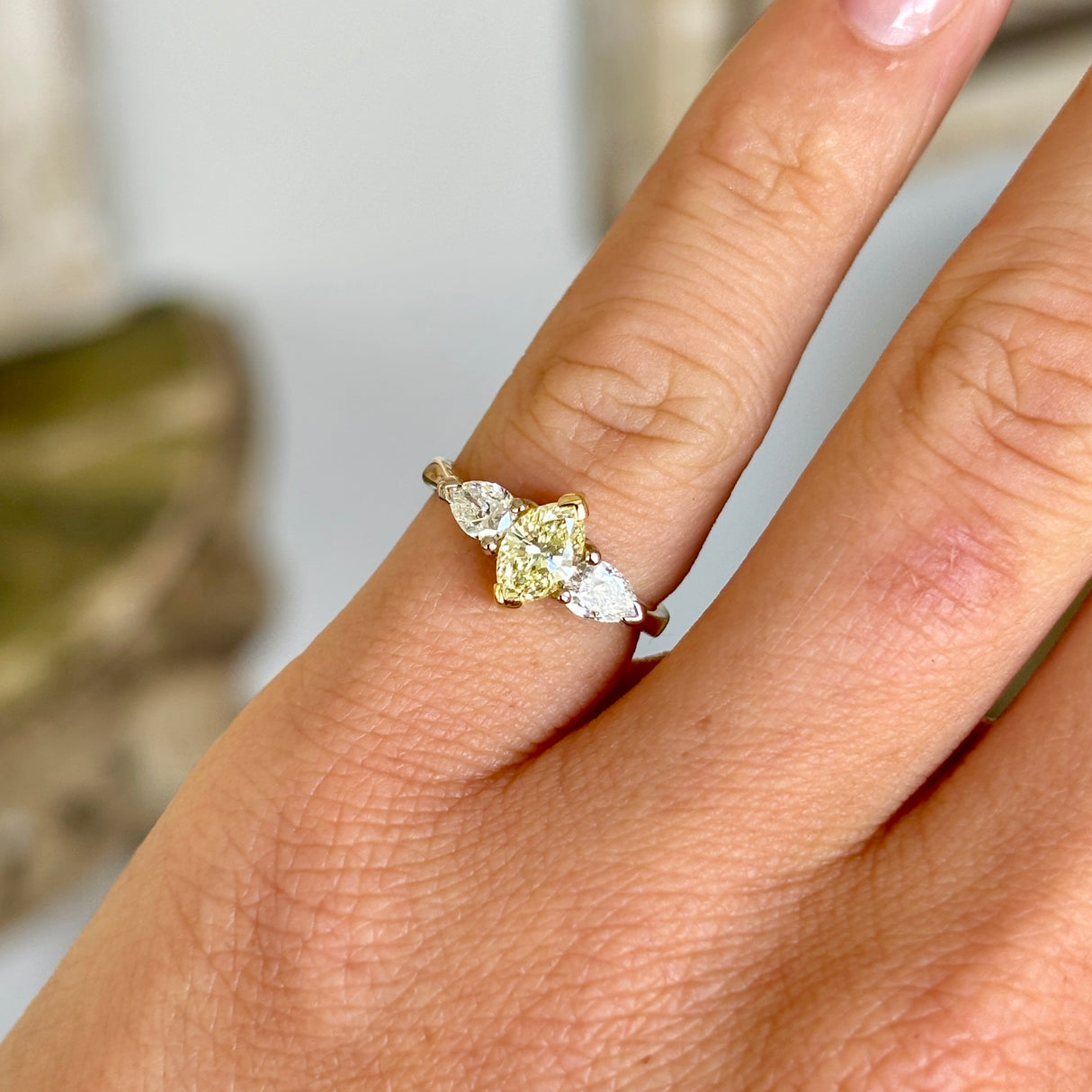 Vintage, yellow & white diamond three-stone ring