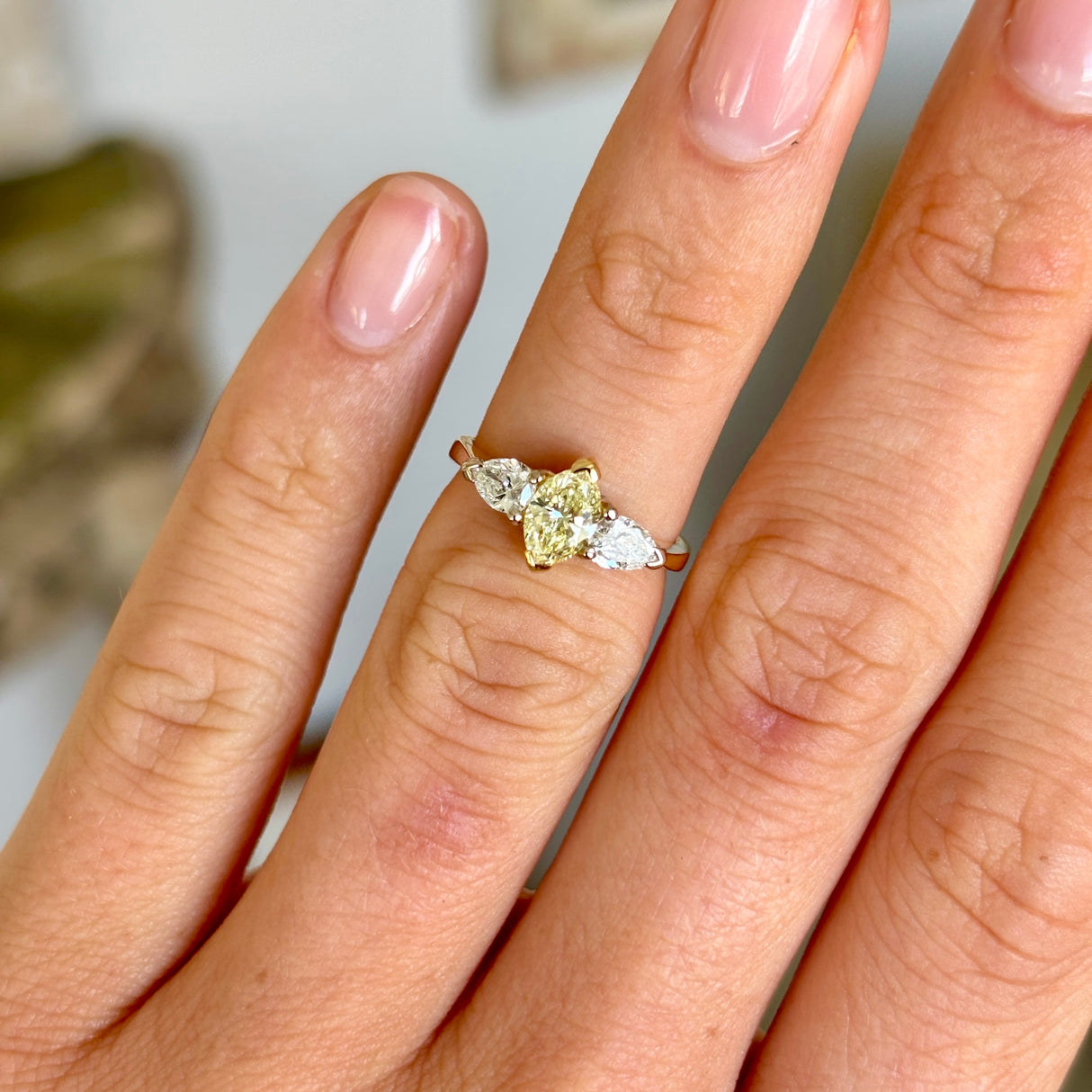 Vintage, yellow & white diamond three-stone ring