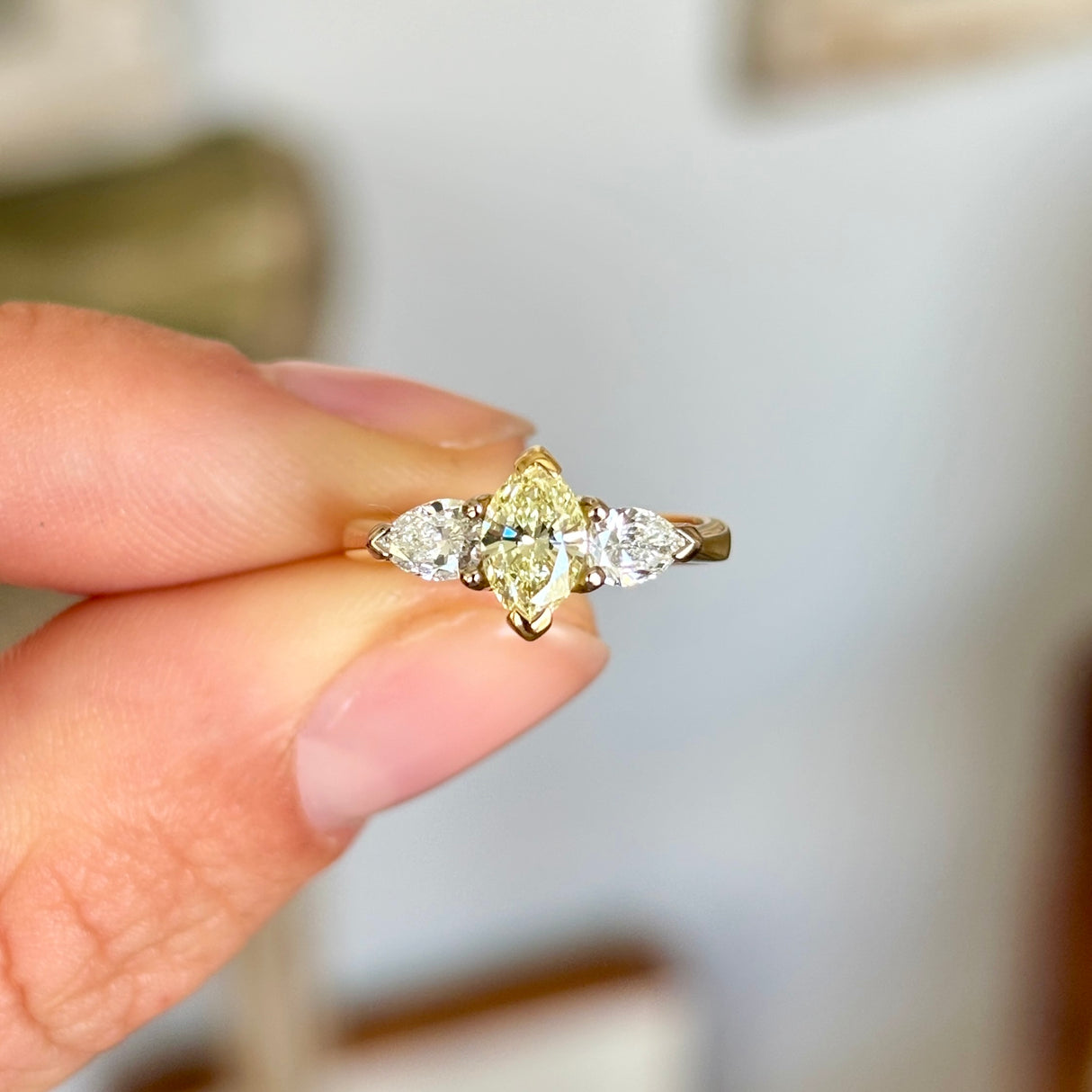 Vintage, yellow & white diamond three-stone ring