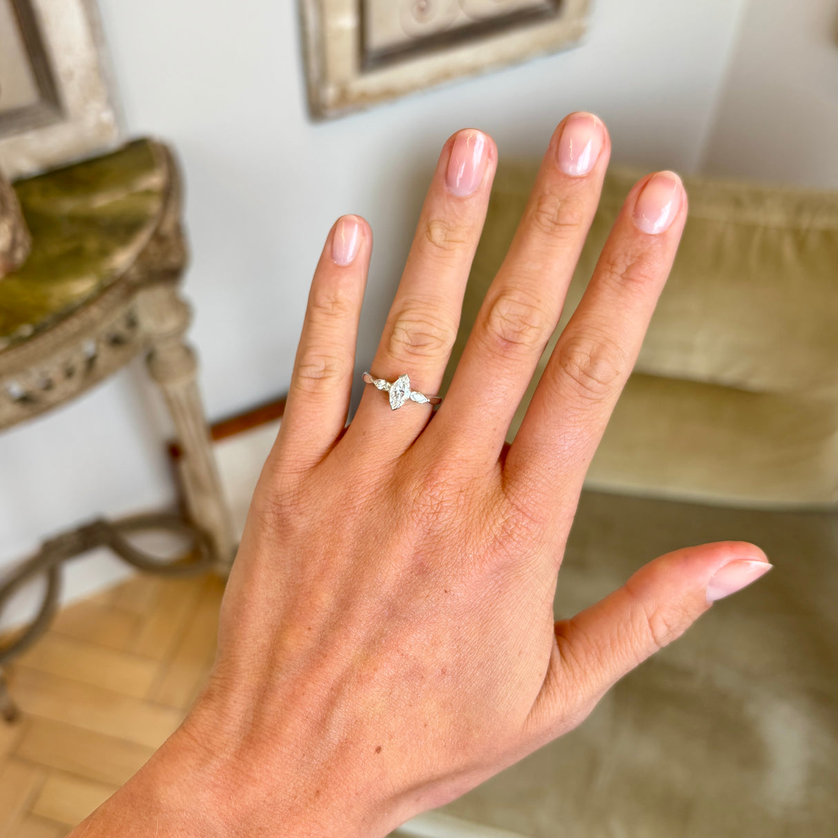 Vintage, 1950s marquise-cut diamond three-stone ring