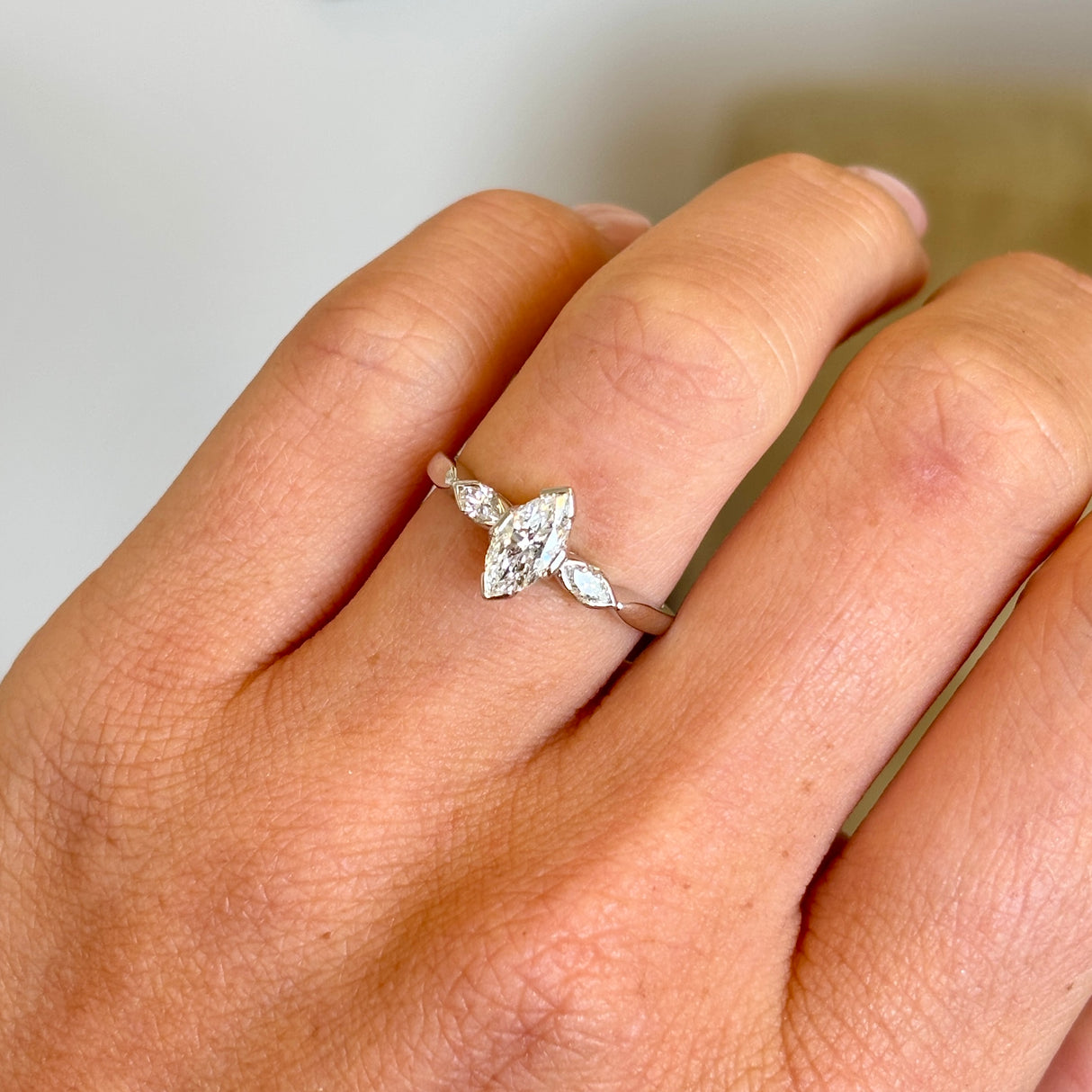 Vintage, 1950s marquise-cut diamond three-stone ring