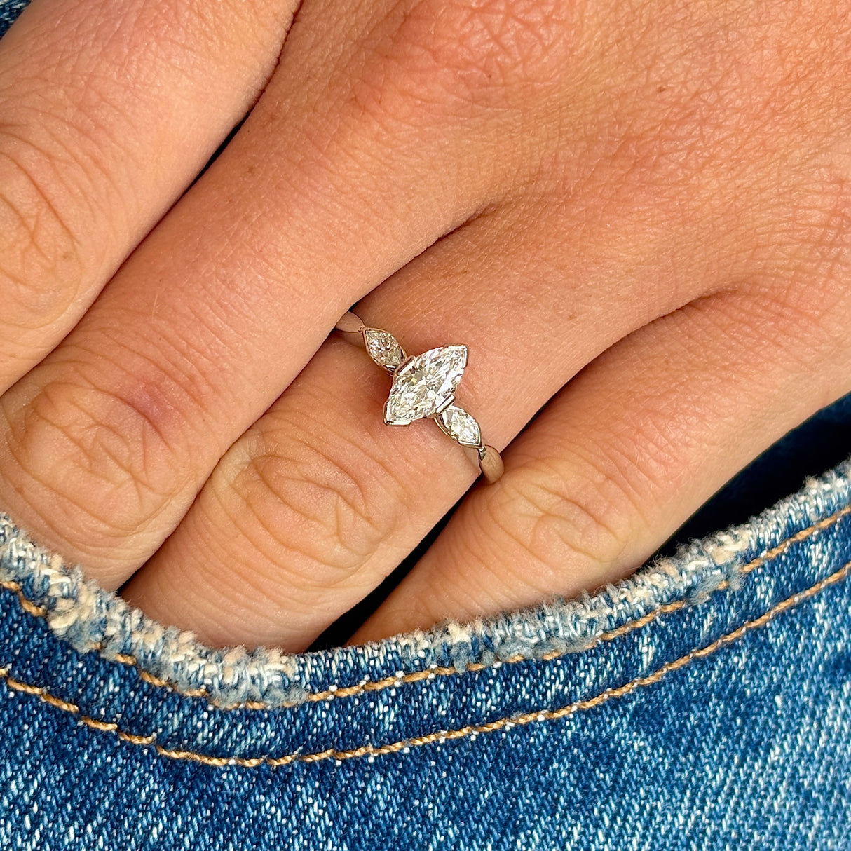 Vintage, 1950s marquise-cut diamond three-stone ring