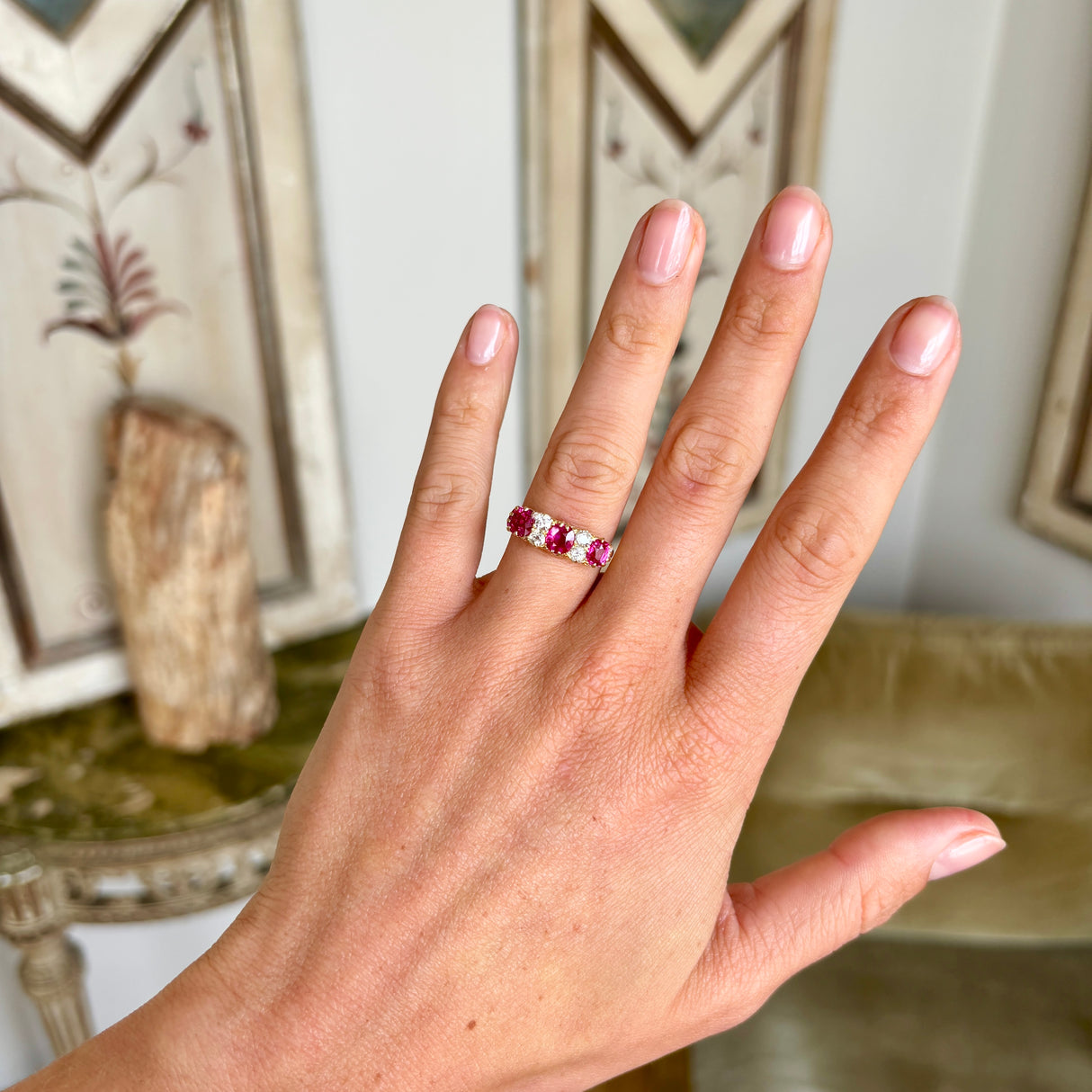 Antique, Edwardian Burmese ruby & diamond half-hoop ring