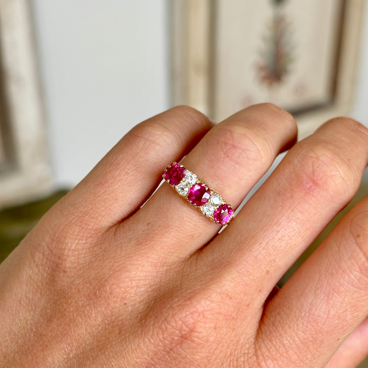 Antique, Edwardian Burmese ruby & diamond half-hoop ring