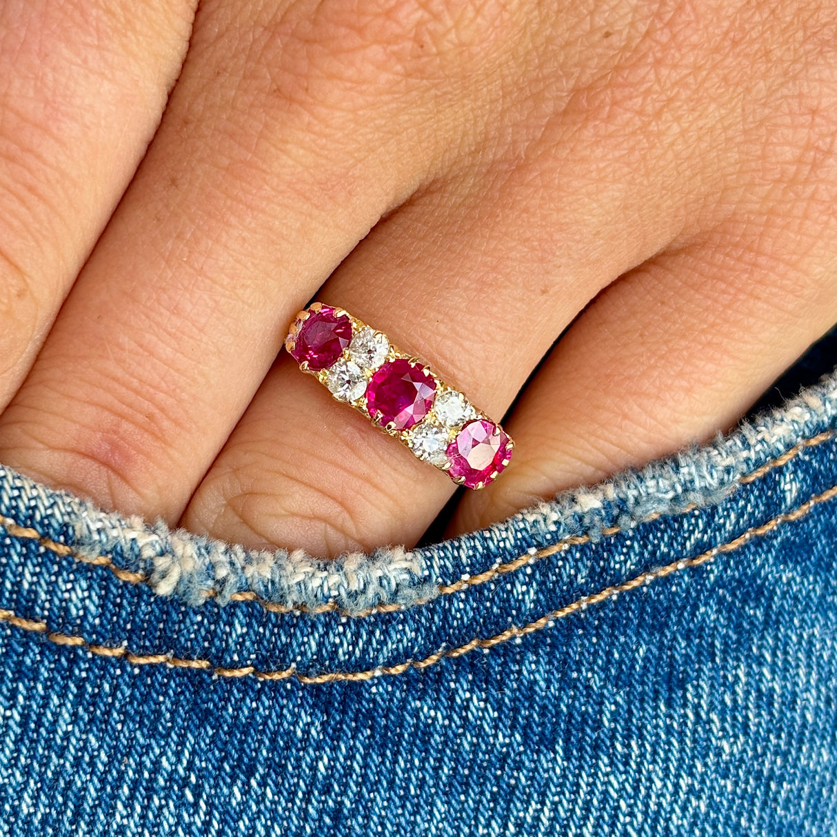 Antique, Edwardian Burmese ruby & diamond half-hoop ring