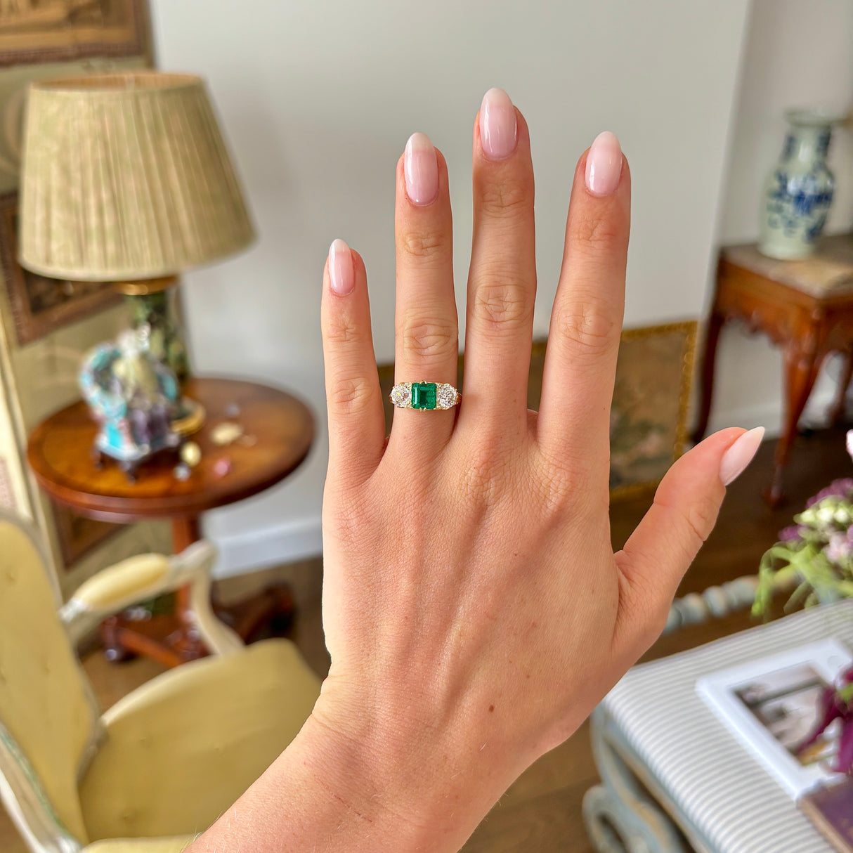 Antique, Victorian emerald & diamond three-stone ring