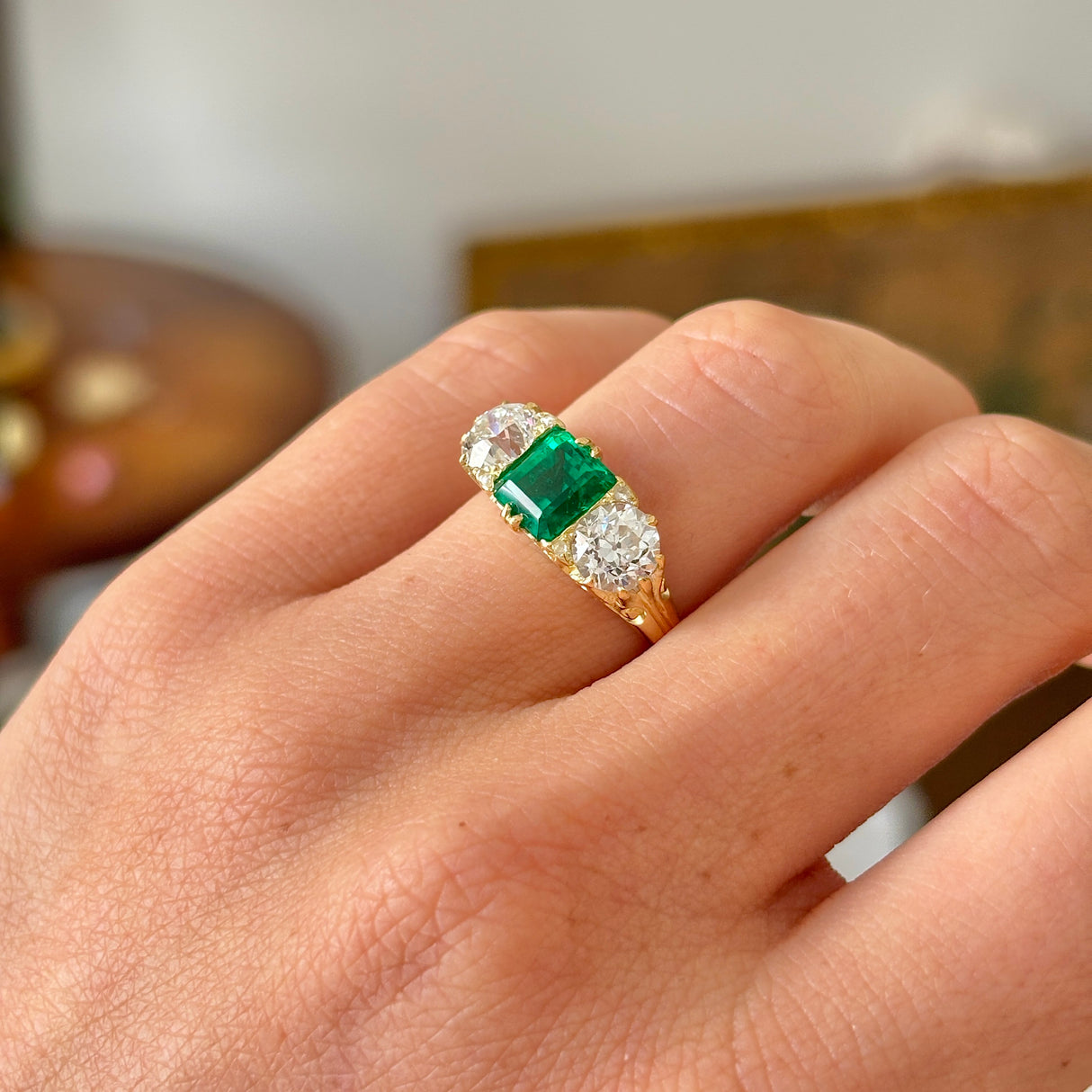Antique, Victorian emerald & diamond three-stone ring