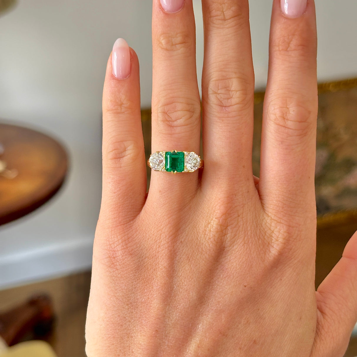 Antique, Victorian emerald & diamond three-stone ring