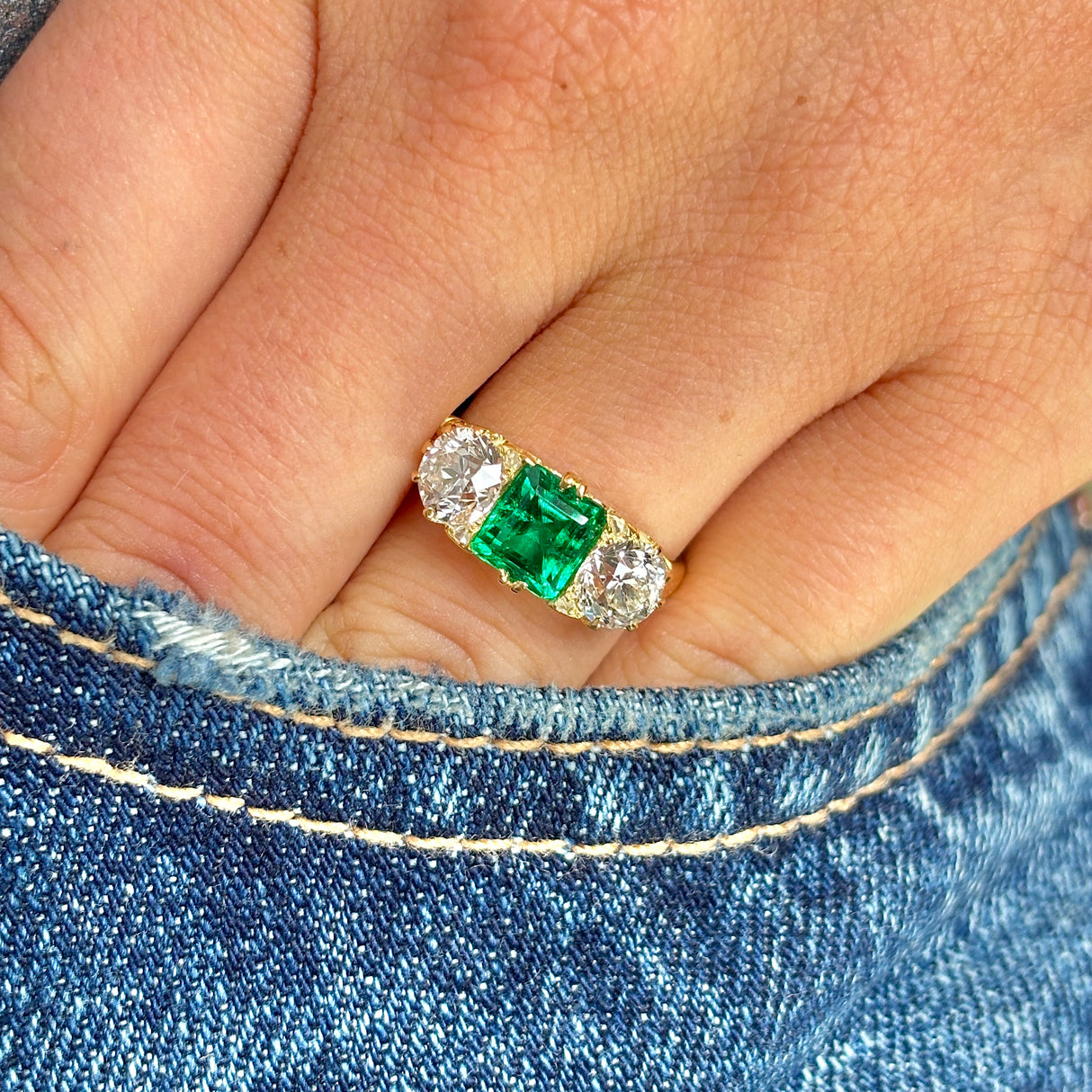 Antique, Victorian emerald & diamond three-stone ring