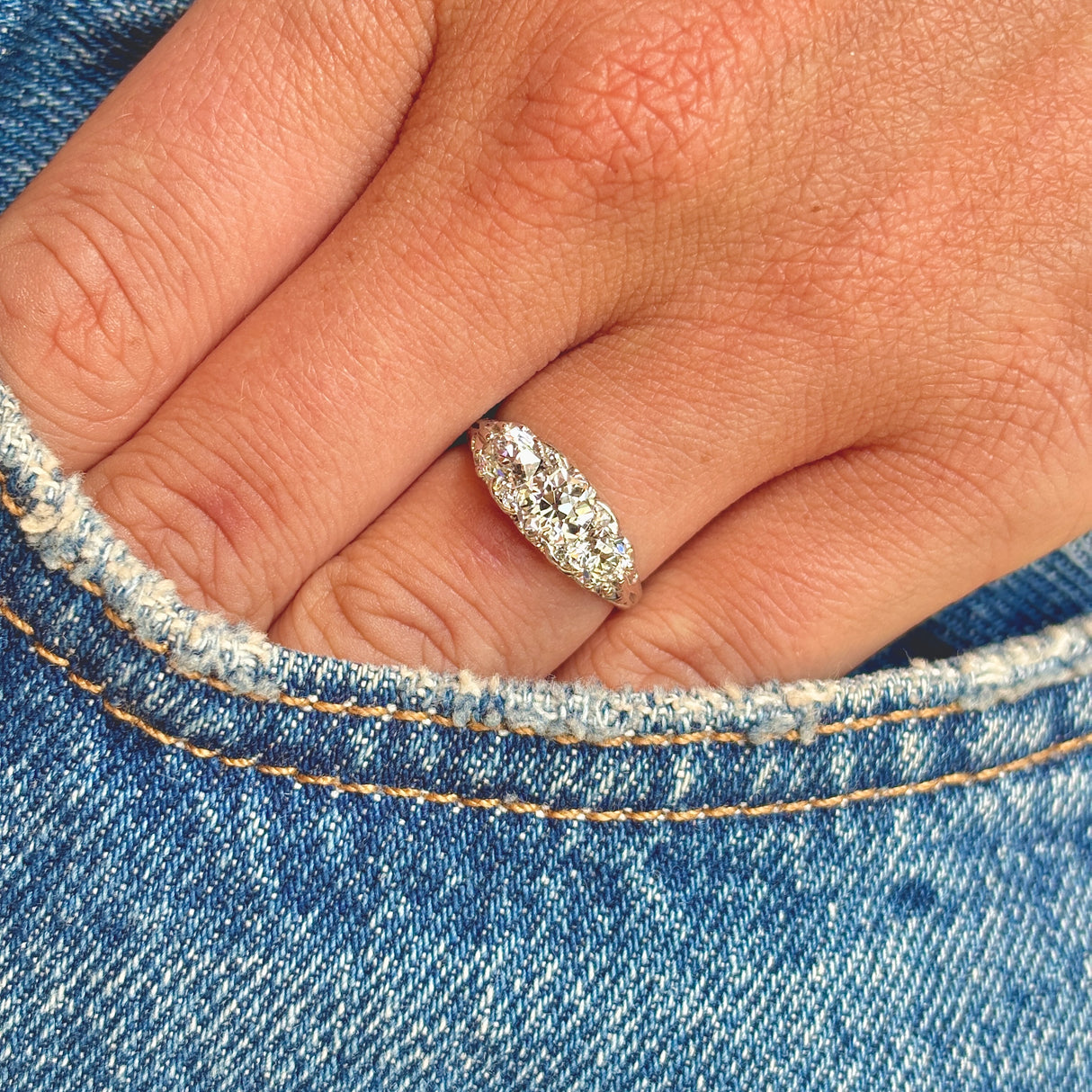 Antique, Edwardian three-stone diamond ring