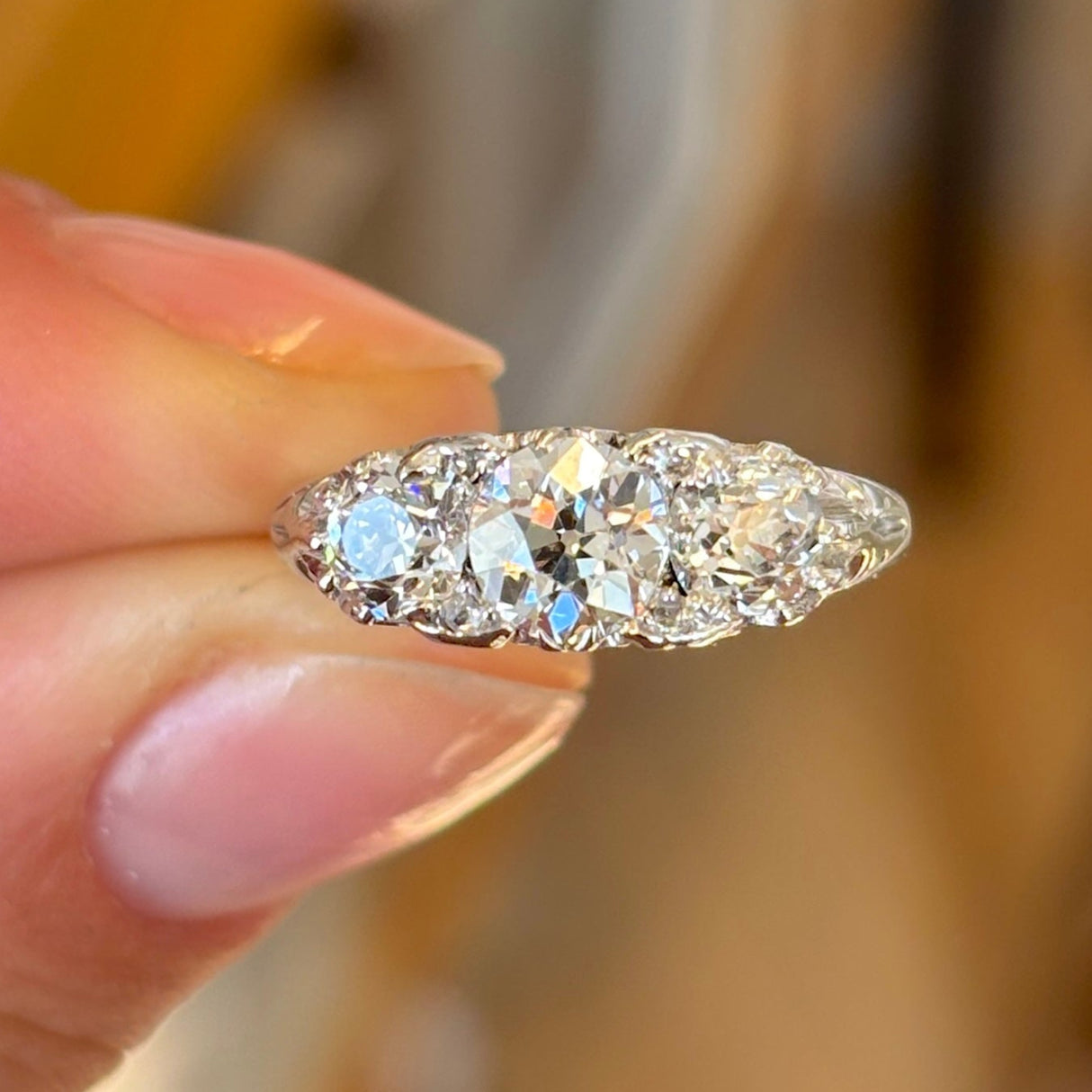 Antique, Edwardian three-stone diamond ring