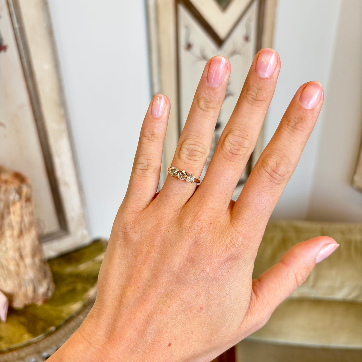 Antique, old-cut yellow-brown diamond three-stone ring