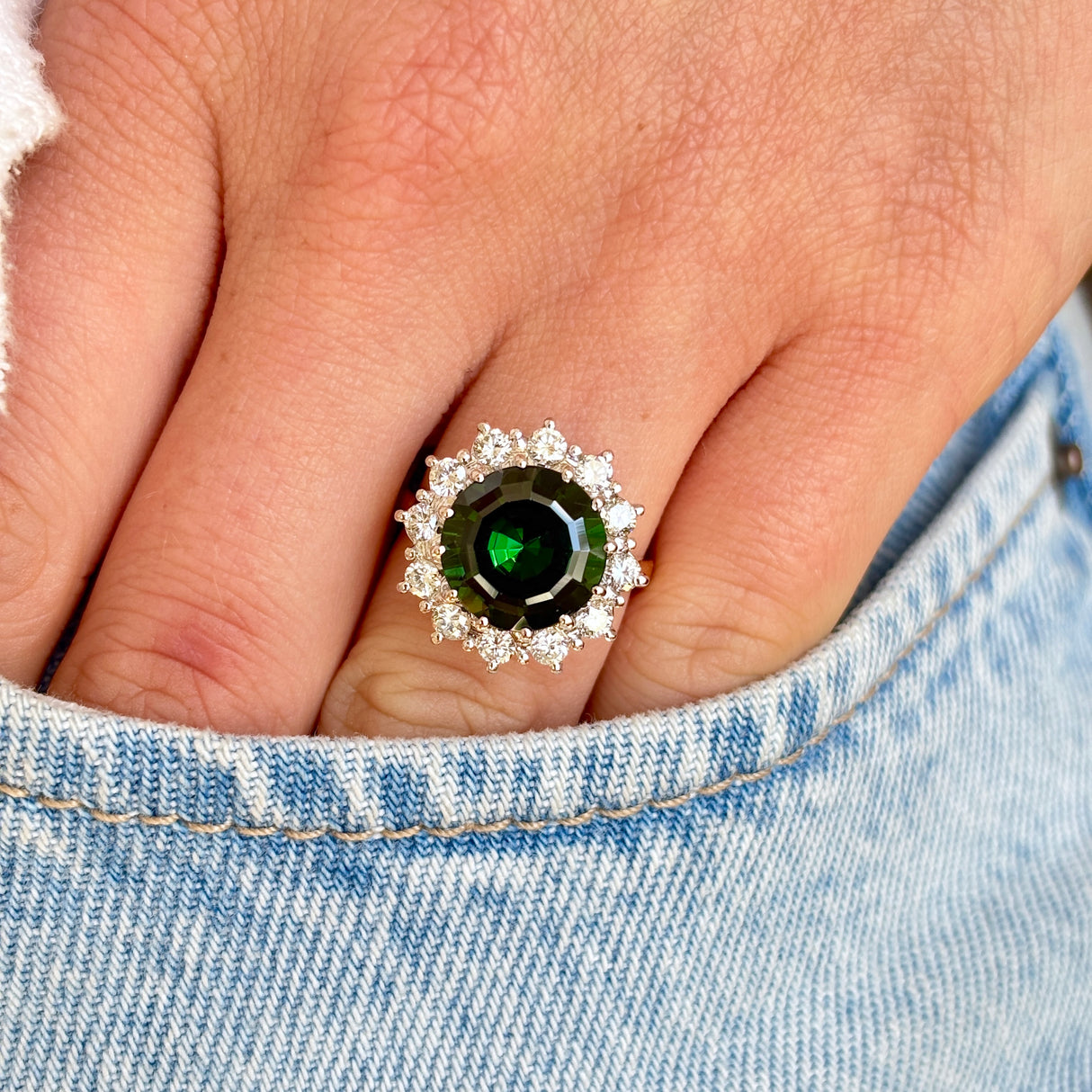Vintage, 1970s 5ct tourmaline & diamond cluster cocktail ring