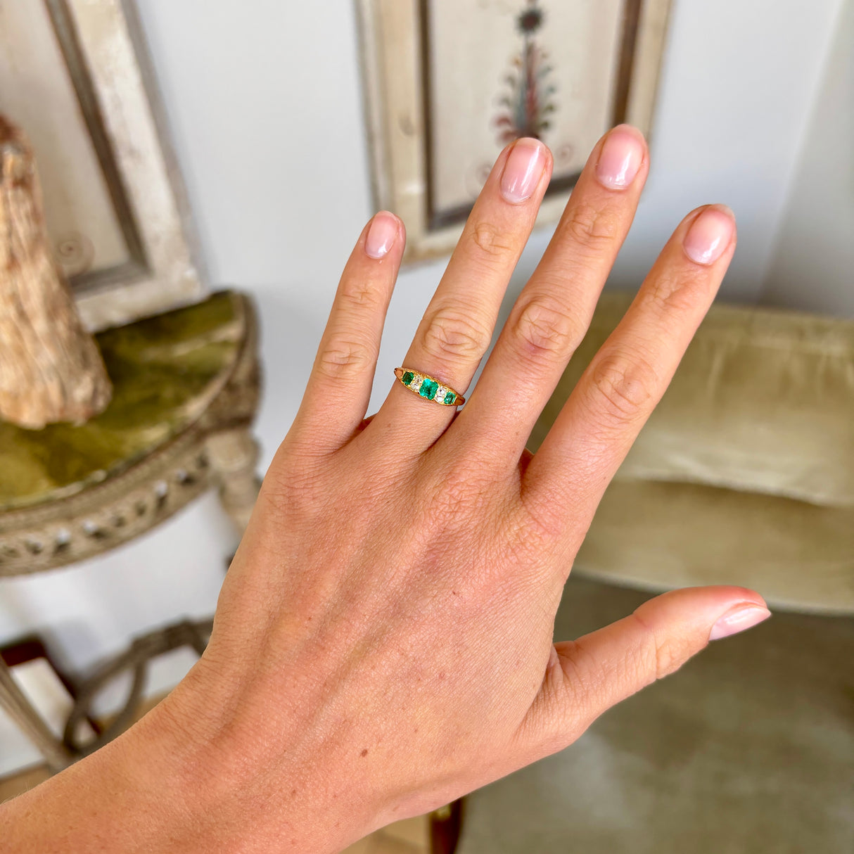 Antique, Edwardian emerald & diamond three-stone ring