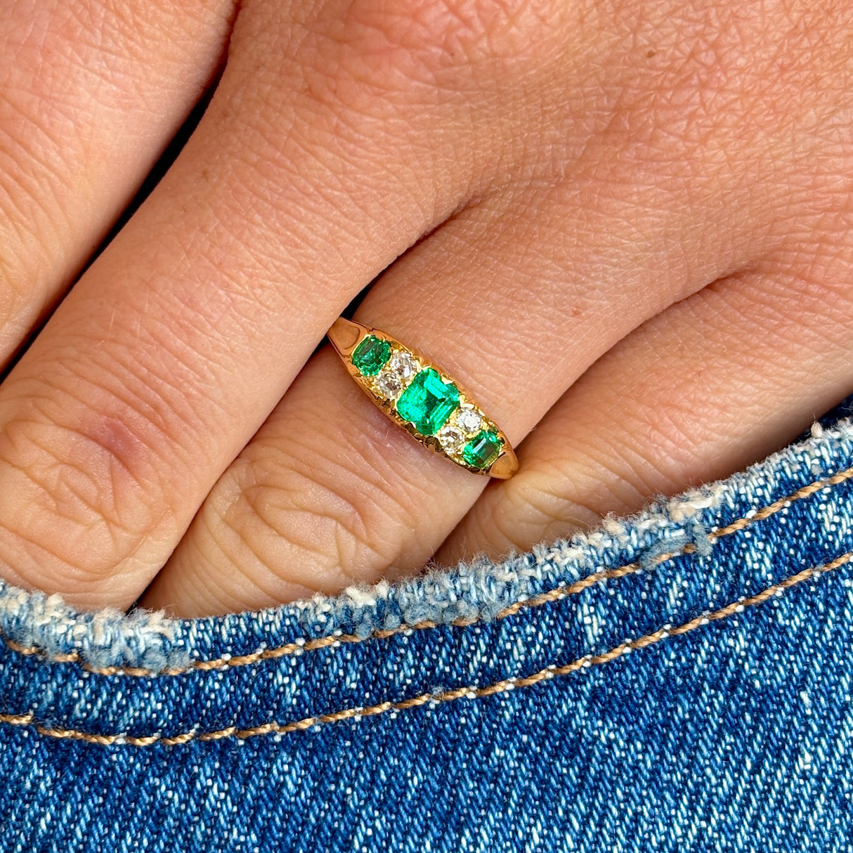Antique, Edwardian emerald & diamond three-stone ring