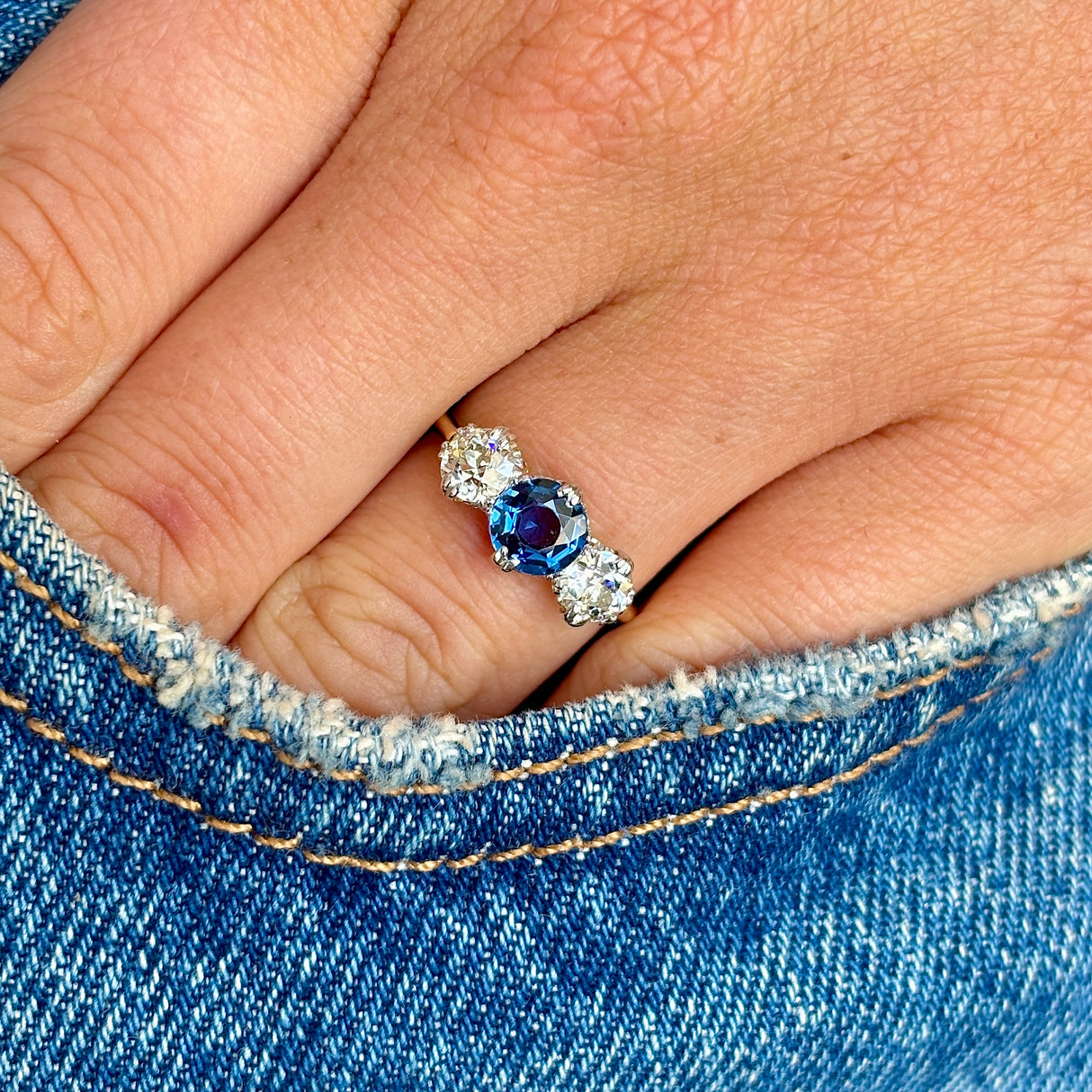 Antique, Edwardian sapphire & diamond three-stone ring