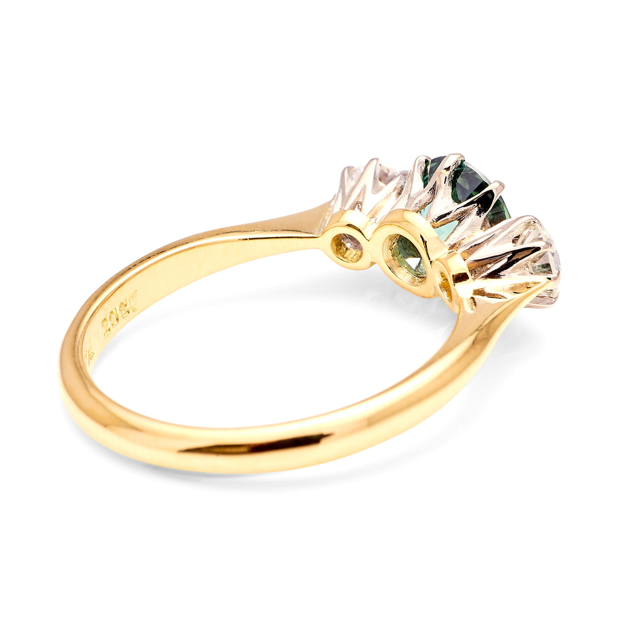 Vintage, 1980s teal sapphire & diamond three-stone ring