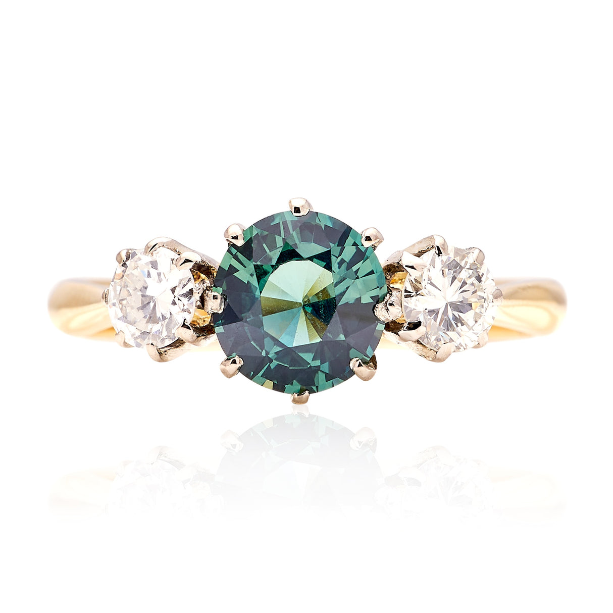 Vintage, 1980s teal sapphire & diamond three-stone ring