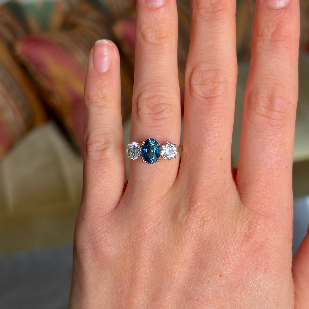 Vintage, 1980s teal sapphire & diamond three-stone ring